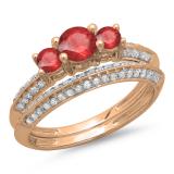 1.05 Carat (ctw) 10K Rose Gold Round Cut Red Ruby & White Diamond Ladies 3 Stone Bridal Engagement Ring With Matching Band Set 1 CT