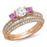 1.05 Carat (ctw) 18K Rose Gold Round Cut Pink Sapphire & White Diamond Ladies 3 Stone Bridal Engagement Ring With Matching Band Set 1 CT