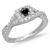 0.75 Carat (ctw) 14K White Gold Round Cut Black & White Diamond Ladies Bridal Swirl Split Shank Halo Engagement Ring 3/4 CT