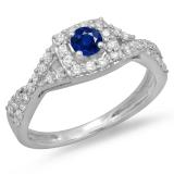 0.75 Carat (ctw) 14K White Gold Round Cut Blue Sapphire & White Diamond Ladies Bridal Swirl Split Shank Halo Engagement Ring 3/4 CT