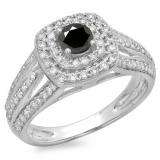 1.10 Carat (ctw) 14K White Gold Round Cut Black & White Diamond Ladies Split Shank Vintage Style Bridal Halo Engagement Ring 1 CT