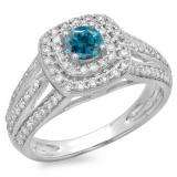 1.10 Carat (ctw) 14K White Gold Round Cut Blue & White Diamond Ladies Split Shank Vintage Style Bridal Halo Engagement Ring 1 CT