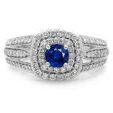 1.10 Carat (ctw) 10K White Gold Round Cut Blue Sapphire & White Diamond Ladies Split Shank Vintage Style Bridal Halo Engagement Ring 1 CT