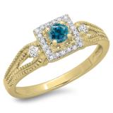 0.40 Carat (ctw) 10K Yellow Gold Round Cut Blue & White Diamond Ladies Bridal Vintage Halo Style Engagement Ring
