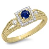 0.40 Carat (ctw) 10K Yellow Gold Round Cut Blue Sapphire & White Diamond Ladies Bridal Vintage Halo Style Engagement Ring