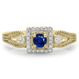 0.40 Carat (ctw) 18K Yellow Gold Round Cut Blue Sapphire & White Diamond Ladies Bridal Vintage Halo Style Engagement Ring