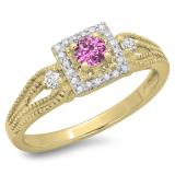 0.40 Carat (ctw) 14K Yellow Gold Round Cut Pink Sapphire & White Diamond Ladies Bridal Vintage Halo Style Engagement Ring
