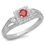 0.40 Carat (ctw) 10K White Gold Round Cut Red Ruby & White Diamond Ladies Bridal Vintage Halo Style Engagement Ring