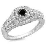 1.00 Carat (ctw) 10K White Gold Round Cut Black & White Diamond Ladies Vintage Style Bridal Halo Engagement Ring 1 CT