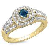1.00 Carat (ctw) 10K Yellow Gold Round Cut Blue & White Diamond Ladies Vintage Style Bridal Halo Engagement Ring 1 CT