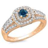 1.00 Carat (ctw) 18K Rose Gold Round Cut Blue & White Diamond Ladies Vintage Style Bridal Halo Engagement Ring 1 CT