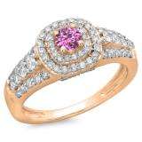 1.00 Carat (ctw) 18K Rose Gold Round Cut Pink Sapphire & White Diamond Ladies Vintage Style Bridal Halo Engagement Ring 1 CT