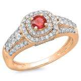 1.00 Carat (ctw) 10K Rose Gold Round Cut Red Ruby & White Diamond Ladies Vintage Style Bridal Halo Engagement Ring 1 CT