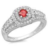 1.00 Carat (ctw) 10K White Gold Round Cut Red Ruby & White Diamond Ladies Vintage Style Bridal Halo Engagement Ring 1 CT