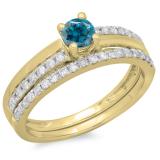 0.75 Carat (ctw) 10K Yellow Gold Round Cut Blue & White Diamond Ladies Bridal Engagement Ring With Matching Band Set 3/4 CT