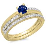 0.75 Carat (ctw) 10K Yellow Gold Round Cut Blue Sapphire & White Diamond Ladies Bridal Engagement Ring With Matching Band Set 3/4 CT