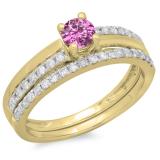 0.75 Carat (ctw) 10K Yellow Gold Round Cut Pink Sapphire & White Diamond Ladies Bridal Engagement Ring With Matching Band Set 3/4 CT