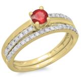 0.75 Carat (ctw) 14K Yellow Gold Round Cut Red Ruby & White Diamond Ladies Bridal Engagement Ring With Matching Band Set 3/4 CT