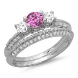 1.05 Carat (ctw) 14K White Gold Round Cut Pink Sapphire & White Diamond Ladies 3 Stone Bridal Engagement Ring With Matching Band Set 1 CT