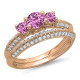 1.05 Carat (ctw) 14K Rose Gold Round Cut Pink Sapphire & White Diamond Ladies 3 Stone Bridal Engagement Ring With Matching Band Set 1 CT