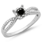 0.50 Carat (ctw) 10K White Gold Round White & Black Diamond Ladies Solitaire With Accents Bridal Split Shank Engagement Ring 1/2 CT