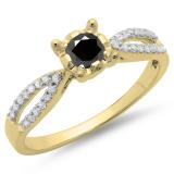 0.50 Carat (ctw) 10K Yellow Gold Round White & Black Diamond Ladies Solitaire With Accents Bridal Split Shank Engagement Ring 1/2 CT