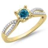 0.50 Carat (ctw) 10K Yellow Gold Round White & Blue Diamond Ladies Solitaire With Accents Bridal Split Shank Engagement Ring 1/2 CT