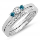 0.33 Carat (ctw) 10K White Gold Round Cut White & Blue Diamond Ladies Bridal Engagement 3 Stone Ring With Matching Wedding Band Set 1/3 CT