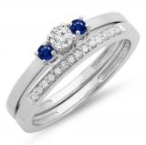 0.33 Carat (ctw) 14K White Gold Round Cut Blue Sapphire & White Diamond Ladies Bridal Engagement 3 Stone Ring With Matching Wedding Band Set 1/3 CT