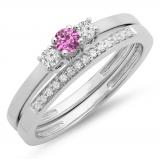0.33 Carat (ctw) 14K White Gold Round Cut Pink Sapphire & White Diamond Ladies Bridal Engagement 3 Stone Ring With Matching Wedding Band Set 1/3 CT