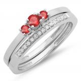 0.33 Carat (ctw) 14K White Gold Round Cut Red Ruby & White Diamond Ladies Bridal Engagement 3 Stone Ring With Matching Wedding Band Set 1/3 CT