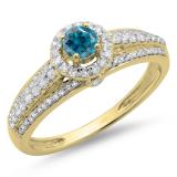 0.75 Carat (ctw) 10K Yellow Gold Round Cut White & Blue Diamond Ladies Bridal Halo Style Engagement Ring 3/4 CT