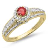 0.75 Carat (ctw) 10K Yellow Gold Round Cut Red Ruby & White Diamond Ladies Bridal Halo Style Engagement Ring 3/4 CT