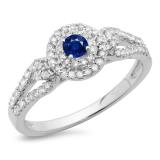 0.60 Carat (ctw) 10K White Gold Round Cut Blue Sapphire & White Diamond Ladies Split Shank Vintage Style Bridal Halo Engagement Ring
