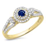0.60 Carat (ctw) 10K Yellow Gold Round Cut Blue Sapphire & White Diamond Ladies Split Shank Vintage Style Bridal Halo Engagement Ring