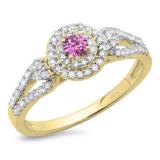 0.60 Carat (ctw) 10K Yellow Gold Round Cut Pink Sapphire & White Diamond Ladies Split Shank Vintage Style Bridal Halo Engagement Ring