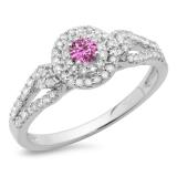 0.60 Carat (ctw) 14K White Gold Round Cut Pink Sapphire & White Diamond Ladies Split Shank Vintage Style Bridal Halo Engagement Ring