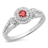 0.60 Carat (ctw) 14K White Gold Round Cut Red Ruby & White Diamond Ladies Split Shank Vintage Style Bridal Halo Engagement Ring