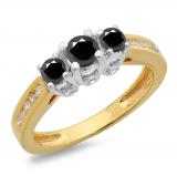 1.00 Carat (ctw) 14K Two Tone Gold Round Cut White & Black Diamond Ladies 3 Stone Bridal Engagement Ring 1 CT
