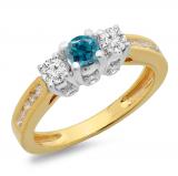 1.00 Carat (ctw) 10K Two Tone Gold Round Cut White & Blue Diamond Ladies 3 Stone Bridal Engagement Ring 1 CT