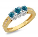 1.00 Carat (ctw) 14K Two Tone Gold Round Cut White & Blue Diamond Ladies 3 Stone Bridal Engagement Ring 1 CT