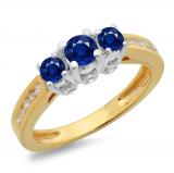 1.00 Carat (ctw) 14K Two Tone Gold Round Cut Blue Sapphire & White Diamond Ladies 3 Stone Bridal Engagement Ring 1 CT