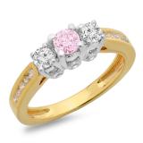 1.00 Carat (ctw) 14K Two Tone Gold Round Cut Pink Sapphire & White Diamond Ladies 3 Stone Bridal Engagement Ring 1 CT