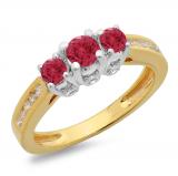 1.00 Carat (ctw) 14K Two Tone Gold Round Cut Red Ruby & White Diamond Ladies 3 Stone Bridal Engagement Ring 1 CT