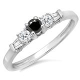0.45 Carat (ctw) 18K White Gold Round & Baguette Cut White & Black Diamond Ladies 3 Stone Engagement Bridal Ring