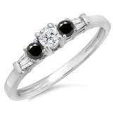 0.45 Carat (ctw) 10K White Gold Round & Baguette Cut White & Black Diamond Ladies 3 Stone Engagement Bridal Ring