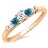 0.45 Carat (ctw) 10K Rose Gold Round & Baguette Cut White & Blue Diamond Ladies 3 Stone Engagement Bridal Ring