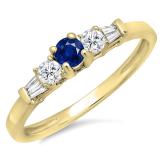 0.45 Carat (ctw) 18K Yellow Gold Round & Baguette Cut Blue Sapphire & White Diamond Ladies 3 Stone Engagement Bridal Ring