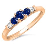 0.45 Carat (ctw) 14K Rose Gold Round & Baguette Cut White & Blue Sapphire Diamond Ladies 3 Stone Engagement Bridal Ring