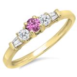 0.45 Carat (ctw) 10K Yellow Gold Round & Baguette Cut Pink Sapphire & White Diamond Ladies 3 Stone Engagement Bridal Ring